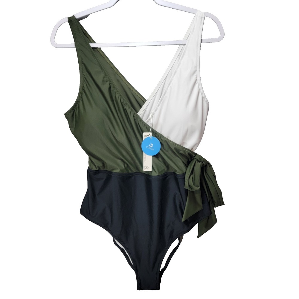 Cupshe Surplice Neckline‎ Swimsuit Womens 2XL One Piece Tie Bow Green Black NWT